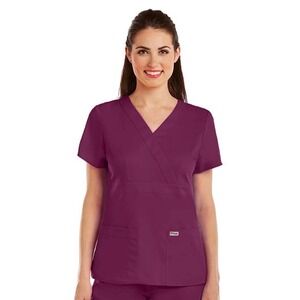 Grey's Anatomy Women's 2 Pock Mock Wrap Princess Scrub Top Wine Size Medium